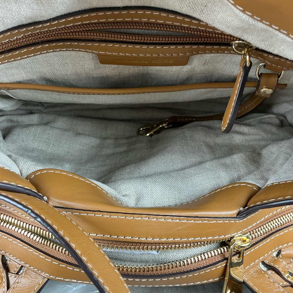 Michael‎ Kors Brooklyn Brown Gold Studded Woven Leather Canvas Shoulder Bag - Picture 12 of 16
